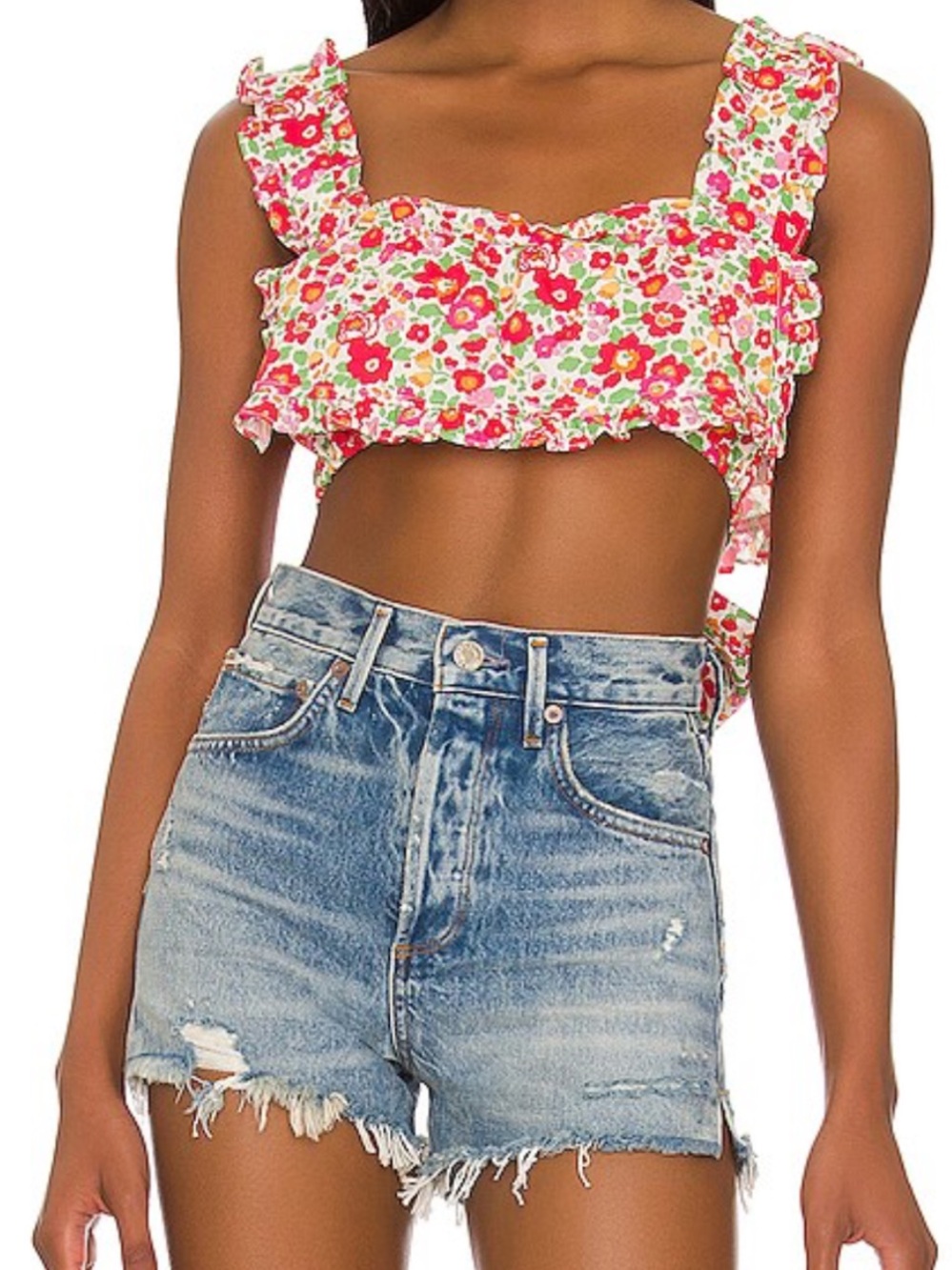 For Love and Lemons Auden Floral Ruffle Crop Cotton Top in Red Size Medium NEW